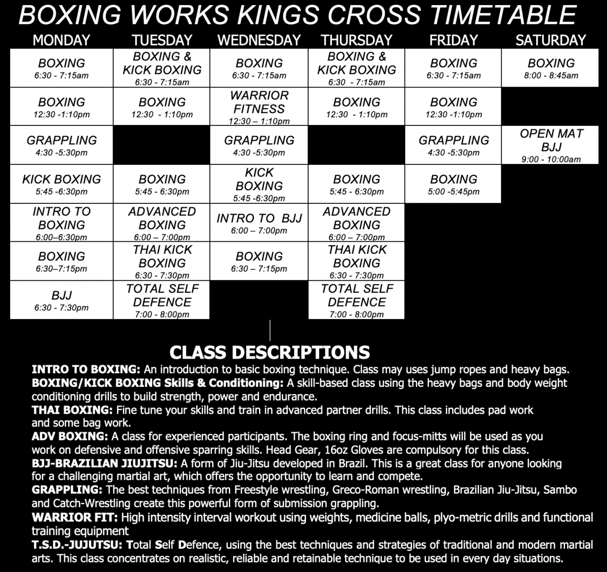 Timetable - Boxing Works